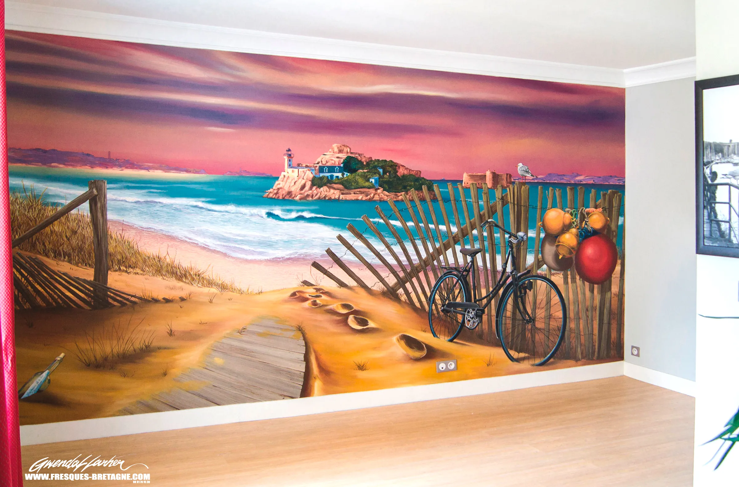Fresque en trompe-l'œil, coucher de soleil sur l'île Louët, décoration de salon à Carantec
